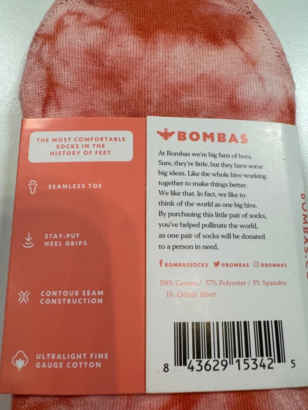 Bombas NWT Tie Dye No Show Socks 2 PR SZ: Large fits women 7-9 Color: Orange